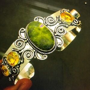 Stichtite Jasper Citrine Stamped 925 Sterling Silver Cuff Bracelet
